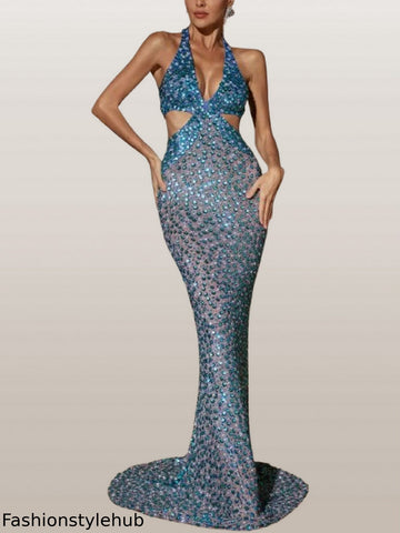 Cut-Out Halterneck Rhinestone Stretch Gown
