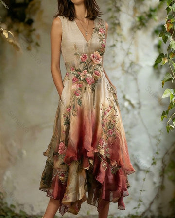 Women's elegant floral embroidered tie-dye irregular ruffled linen patchwork sleeveless dress  9727
