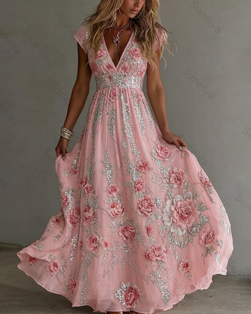 Women's Vacation Irregular Ruffle Flowers Embroidery Dress 9824