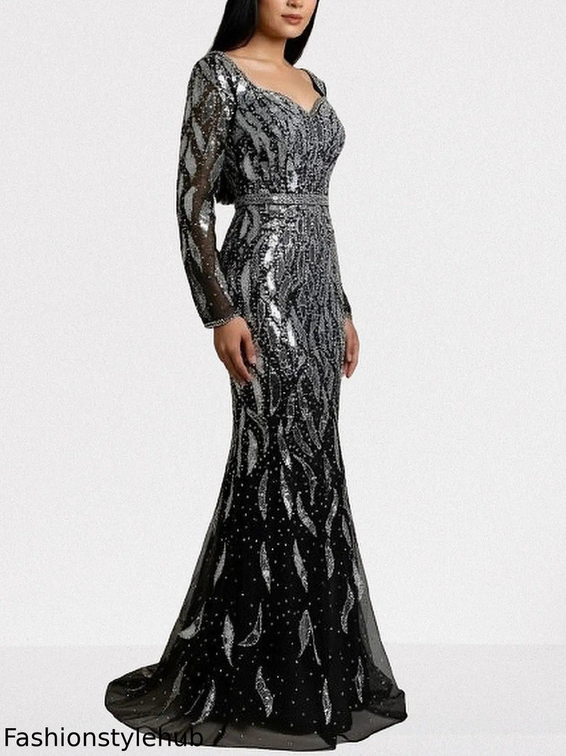 Black Mirror-Embellished Long Sleeve Mermaid Gown