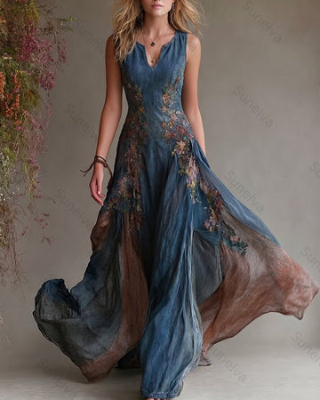 Women's Summer Elegant Floral Embroidered Patchwork Linen Dress 6228