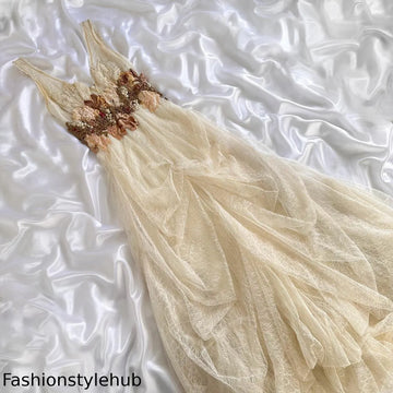 Off-white exquisite floral lace beaded long tulle ball gown, evening dress, party dress bridesmaid dress