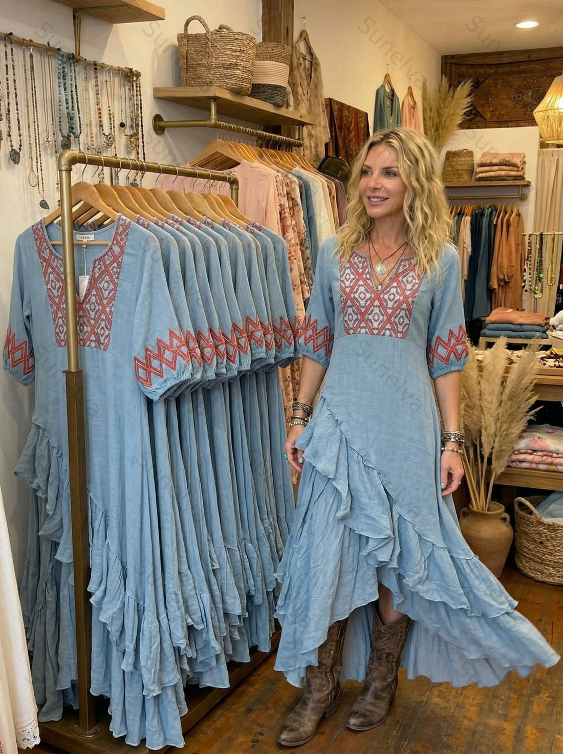 Women's Vacation Contrasting Color Irregular Ruffle Linen Dress 2215