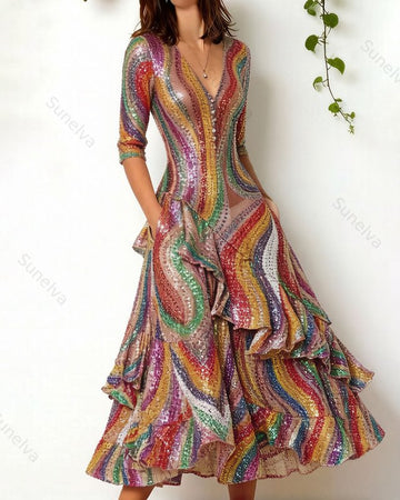 Women's Retro Elegant Colorful Sequin Print Irregular Ruffle Patchwork Linen Dress 5223