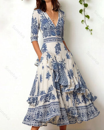 Women's Retro Elegant Fashion Printed Irregular Ruffle Patchwork Dress 5113
