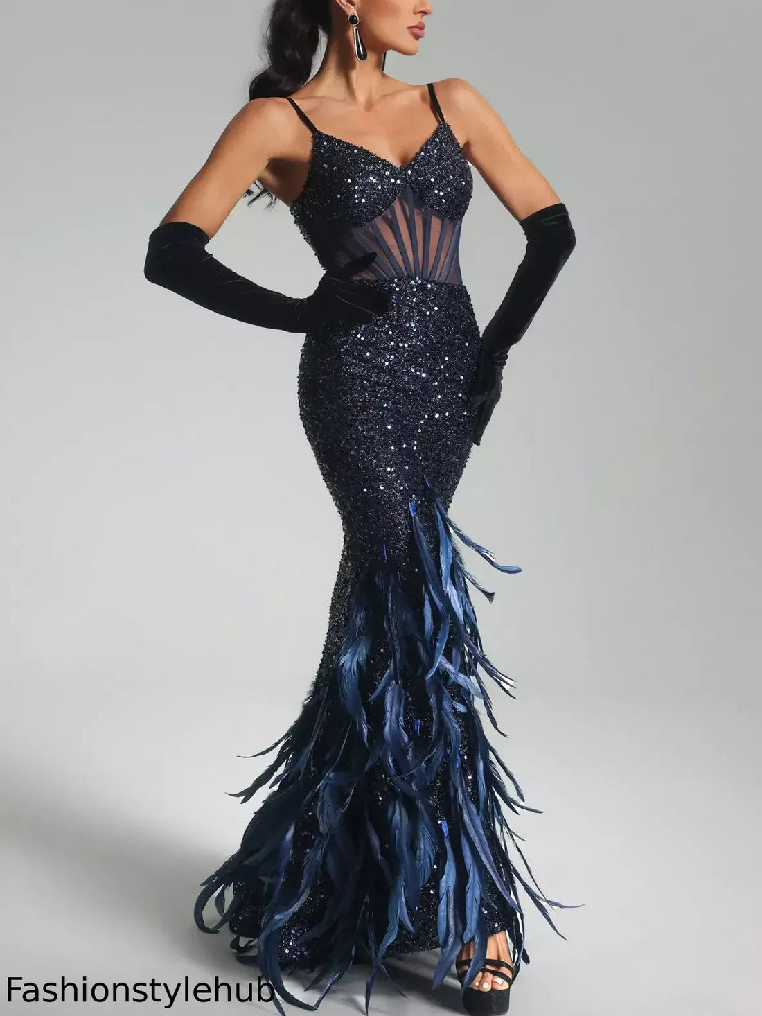 Sequin Corset Gown with Feather Trim