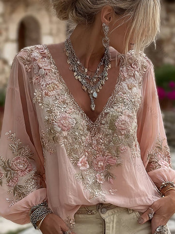 Women's Vintage Pink Floral Embroidered Art Pattern V-neck Long Sleeve Blouse 9989