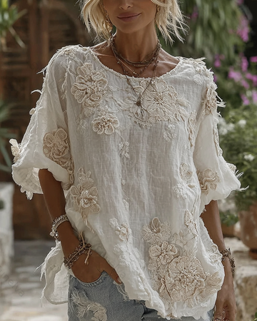 Women's Fashionable Floral Embroidered Asymmetrical Top 7470