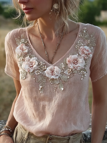 Bohemian Retro Style Plant Flower Design Women's  Linen Short-sleeve Shirt 2b6a