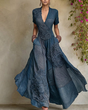 Women's Summer Elegant Floral Embroidered Patchwork Linen Dress 5554