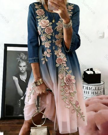 Women's Vacation Flowers Embroidery Denim Patchwork Dress 5850