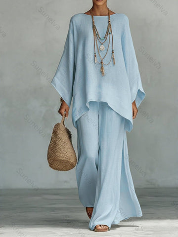 Women's Comfortable, Loose-fitting Linen And Cotton Top And Wide-leg Pants Two-piece Set. cc31