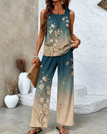 Women's Summer Resort Floral Embroidered Linen Sleeveless Top & Pants Two-Piece Set 5367