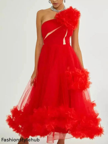 Red Tulle One-Shoulder Flared Midi Dress