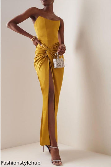 Satin Strapless High Split Midi Dress