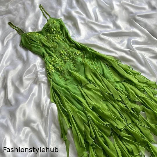 Green flowers exquisite beaded short/mid-length chiffon ruffle homecoming dress birthday party dress