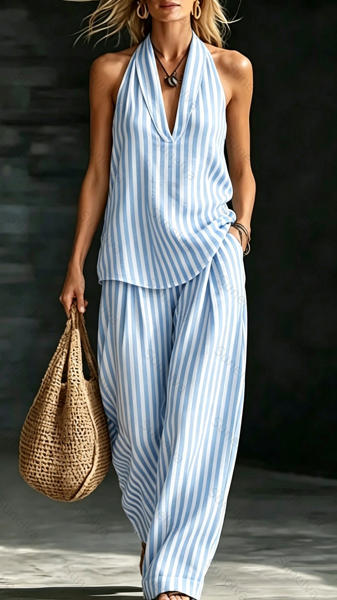 Women's Striped Cotton-Linen Set: Wide-Leg Pants & Halter Top 9604