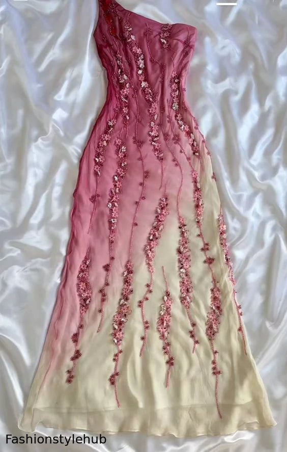 Pink fashion elegant one shoulder gradient beaded A-line long ball gown evening dress