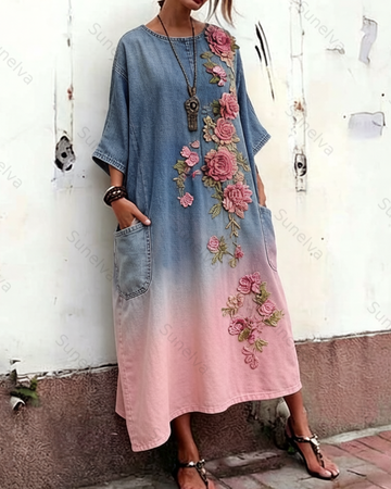 Women's Vacation Irregular Ruffle Flowers Embroidery Patchwork Dress 2758