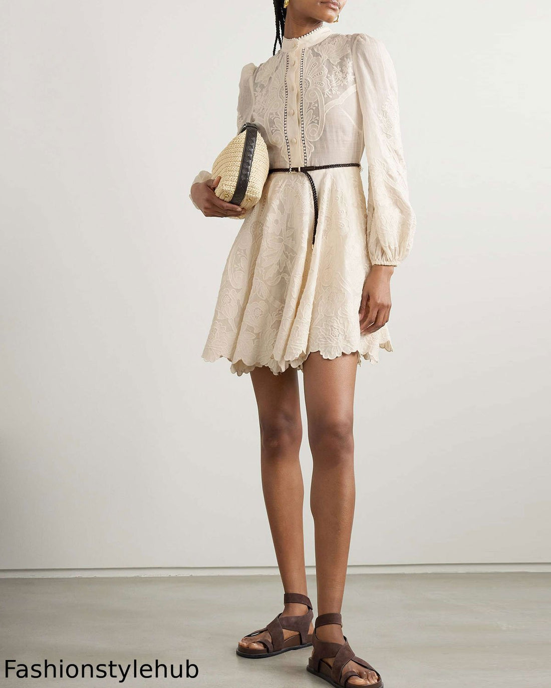 Belted braided leather- and ramie-trimmed embroidered linen mini dress