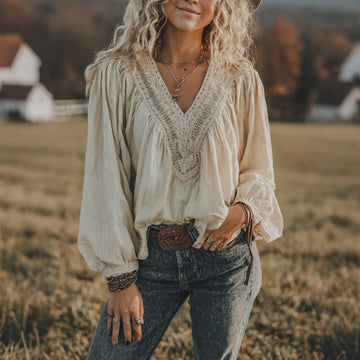 Outdoor Retro V-Neck Loose Comfortable Long-Sleeve Linen T-Shirt Top