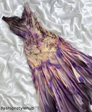 -Purple Fashion Gradient Exquisite Floral Long Chiffon Weekend Date Party Dress Popular Dress Fairy Dress