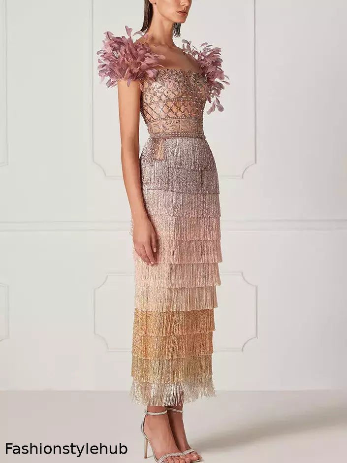 Embellished Tiered Tassel Gown with Short Feather Sleeves
