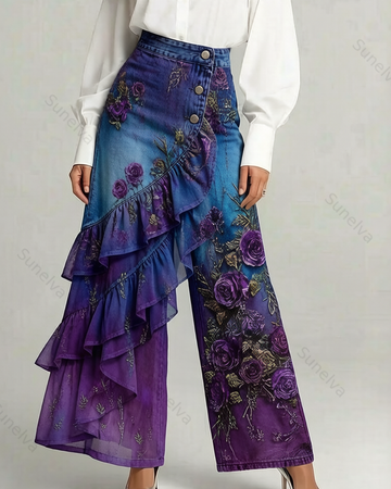 Women's Summer Elegant Floral Embroidery Ruffled Patchwork Gradient Denim Jeans  6646