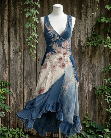 Women's elegant floral embroidered irregular ruffle patchwork dress 1719