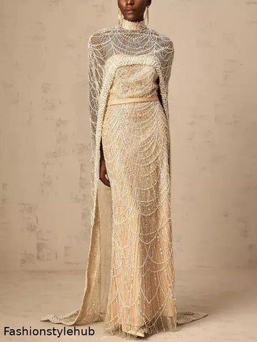 Embellished Long Sleeveless Gown with Matching Cape in Champagne