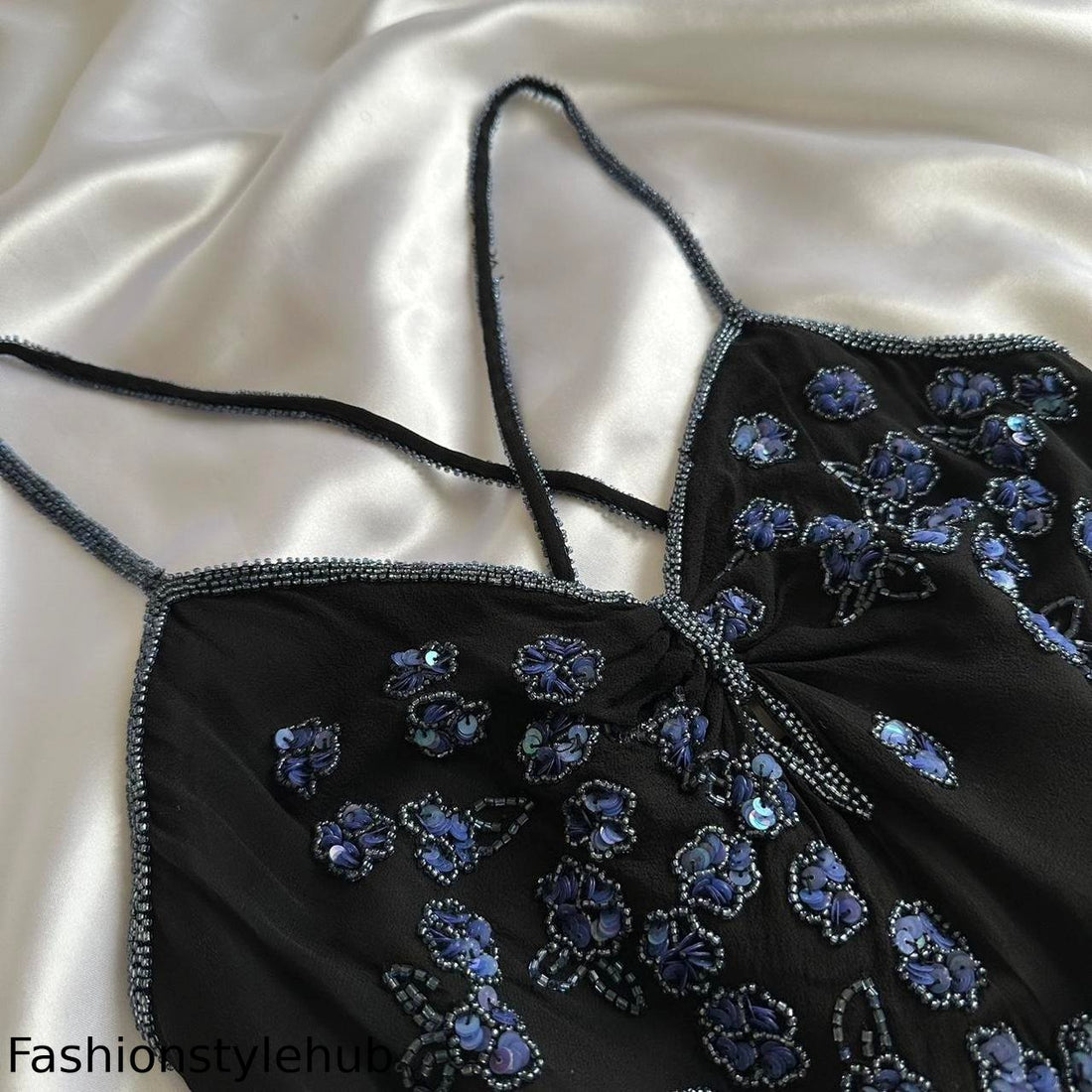 Black gorgeous shiny beautiful stylish unique elegant exquisite blue floral beading long chiffon ball gown evening dress party dress