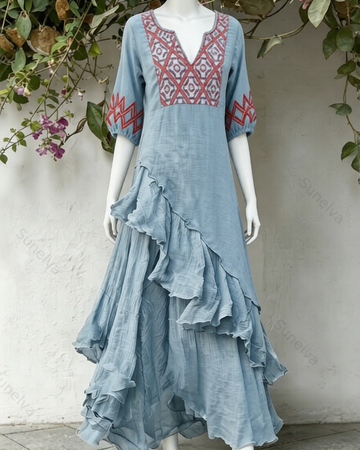 Women's Vacation Contrasting Color Irregular Ruffle Linen Dress 2215