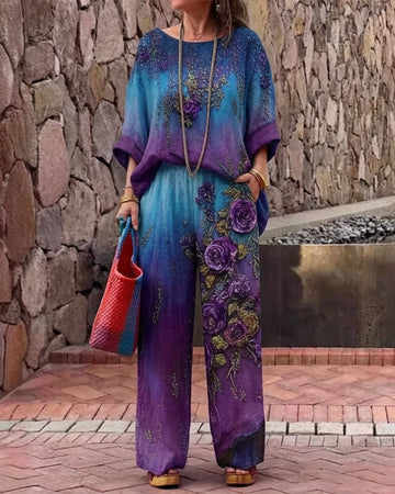Women's Summer Resort Floral Embroidery Tie-Dye Gradient Linen Short-Sleeve Top & Pants Two-Piece Set  6085