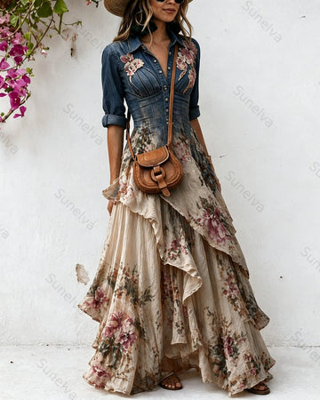 Women's Summer Floral Embroidered Color-Blocked Patchwork Shirt Dress 5357