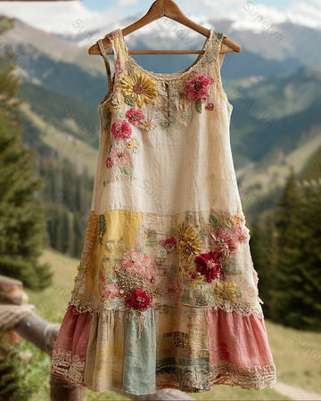 Women's Summer Vacation Floral Embroidered Color-Blocked Sleeveless Dress 7265