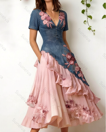 Women's Summer Contrast-Color Floral Embroidered Patchwork Linen Dress  1827