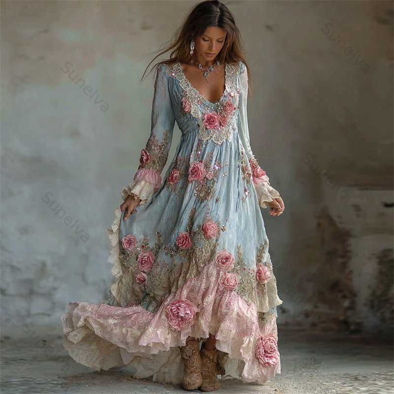 Boho Cottagecore Pink Roses Lace Layered Linen Maxi Dress 073d