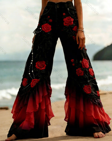 Summer vacation handmade floral embroidered denim patchwork linen pants 9611