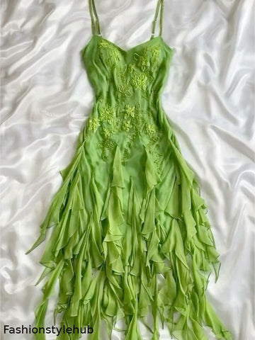 Green flowers exquisite beaded short/mid-length chiffon ruffle homecoming dress birthday party dress