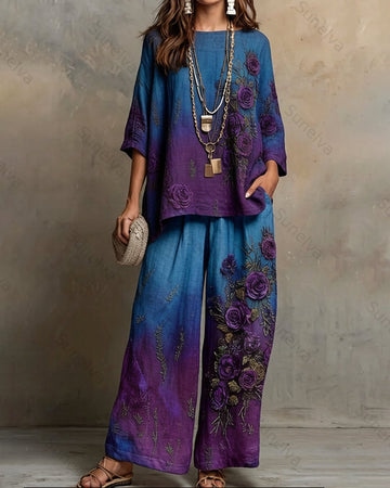 Women's Summer Resort Floral Embroidery Tie-Dye Gradient Linen Short-Sleeve Top & Pants Two-Piece Set 7337