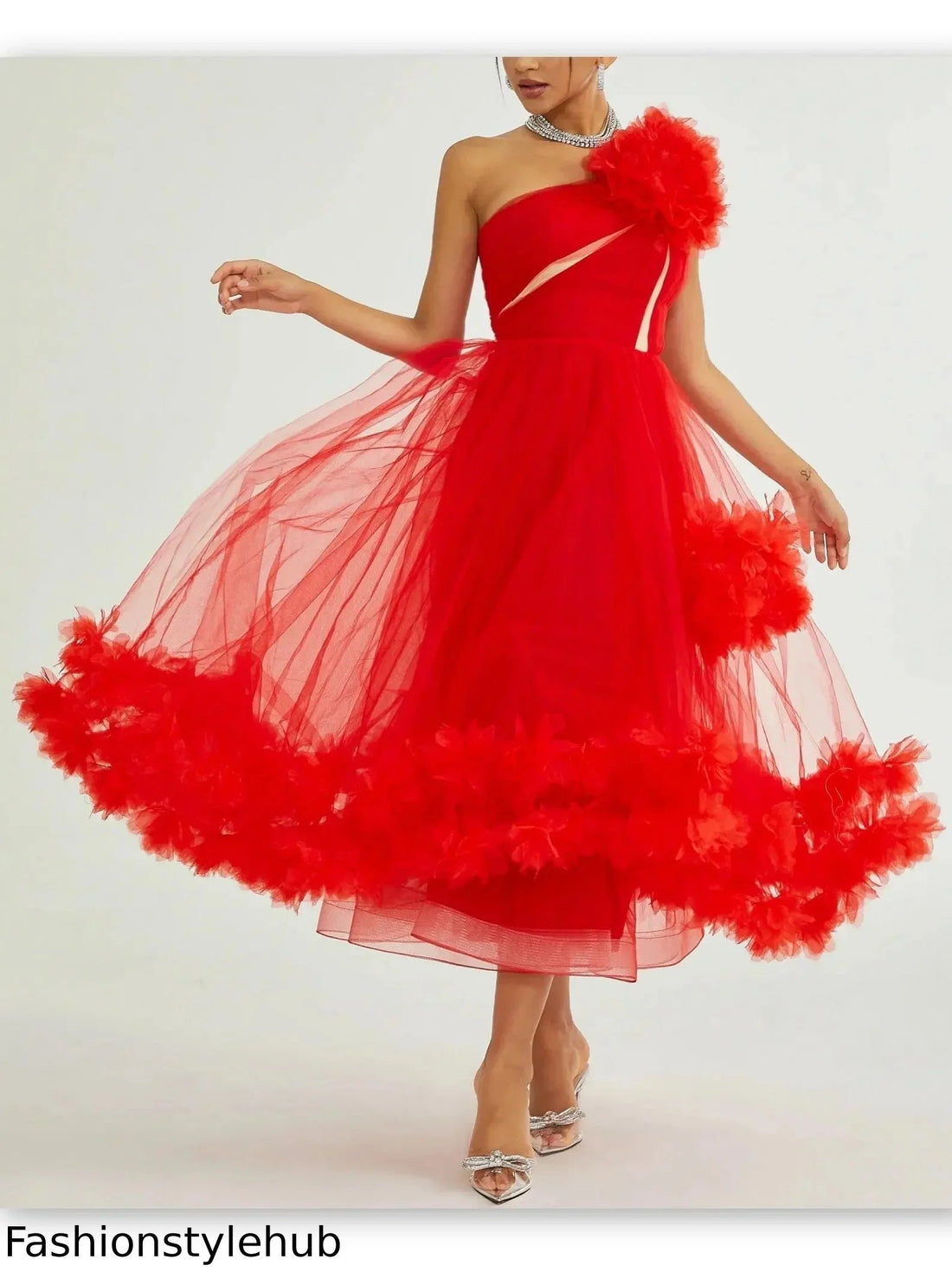 Red Tulle One-Shoulder Flared Midi Dress