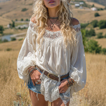 Outdoor Retro Off-shoulder Loose And Comfortable Long-sleeved Linen T-shirt Top
