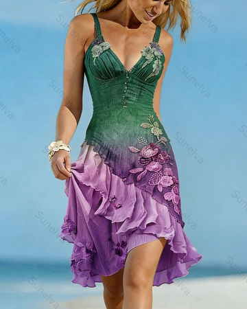 Women's Summer Flowers Embroidery Irregular Ruffle Linen Patchwork Dress 1291