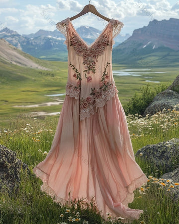 Women's Summer Floral Embroidered Patchwork Linen Dress 3840