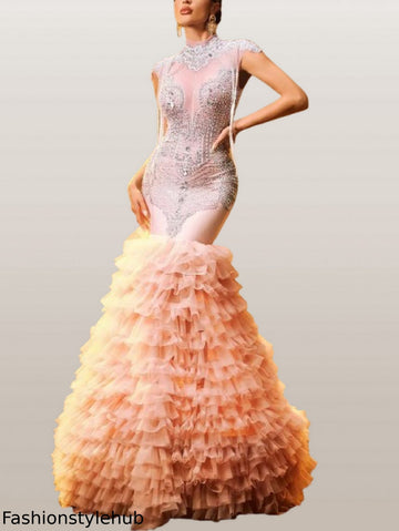 Rhinestone-Embellished Ruffled Tiered Mesh Gown