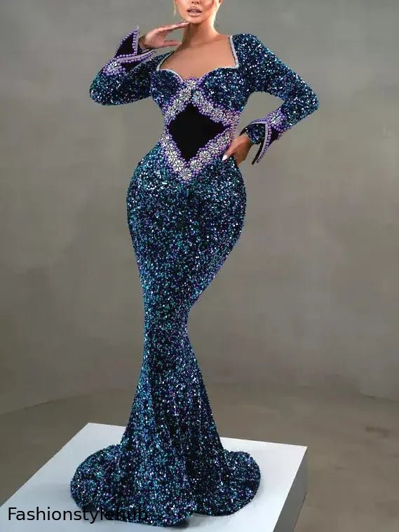 Blue Sequin and Bead Embellished Long Mermaid Gown