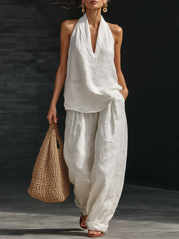 Casual And Cozy Minimalist Linen Two-piece Set 7054