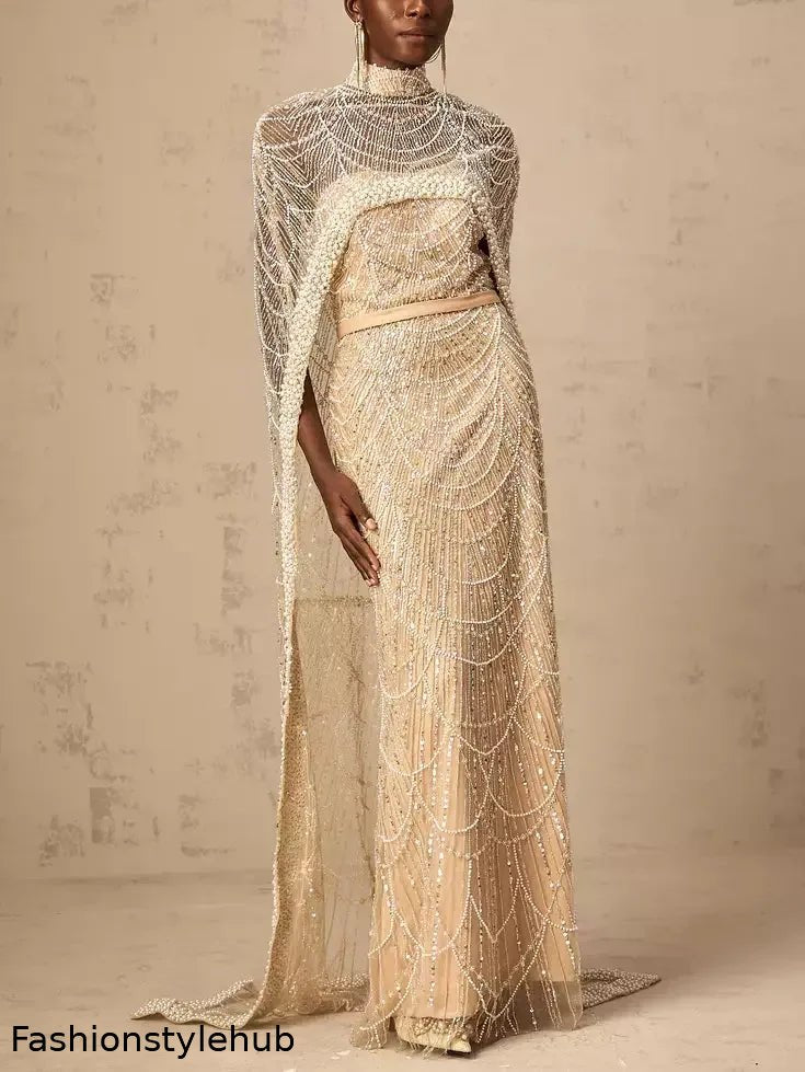Embellished Long Sleeveless Gown with Matching Cape in Champagne
