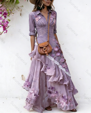 Women's Vacation Irregular Ruffle Flowers Embroidery Dress 4750