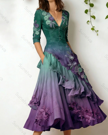 Women's Elegant Flowers Embroidery Irregular Ruffle Linen Patchwork Dress 1865